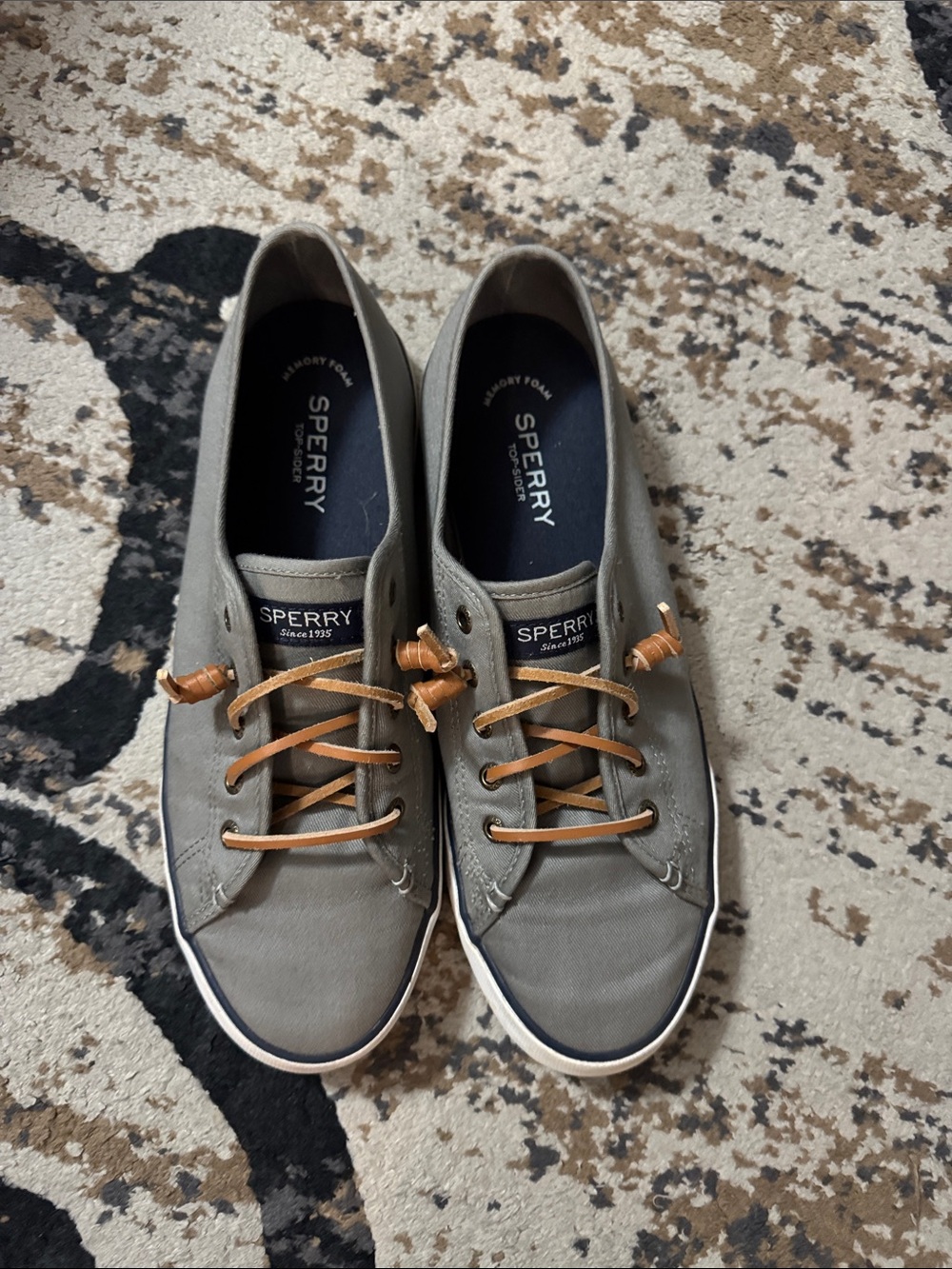 Sperry Gray Canvas Boat Shoes with Tan Leather Laces